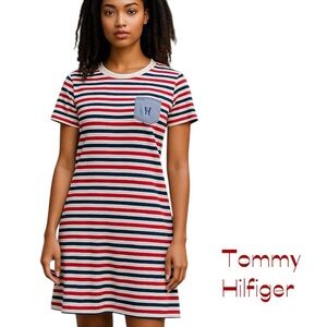 Tommy Hilfiger Black Red & White Striped Cotton Tee Shirt Dress Size M
